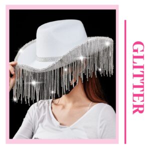 Rhinestone Cowboy Hat Glitter Cowboy Hat With Glasses, Headscarves, Adhesive Rhinestone Letter Patches(White, 1 Pack)