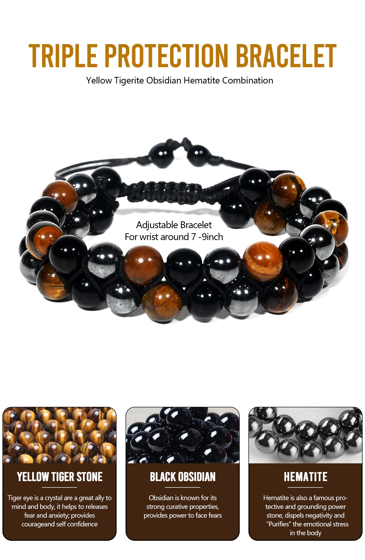 Mlooog Triple Protection Bracelet Energy Obsidian Men's beaded bracelet-tiger's eye lady's double-layered hand protection bracelet brings good luck and wealth