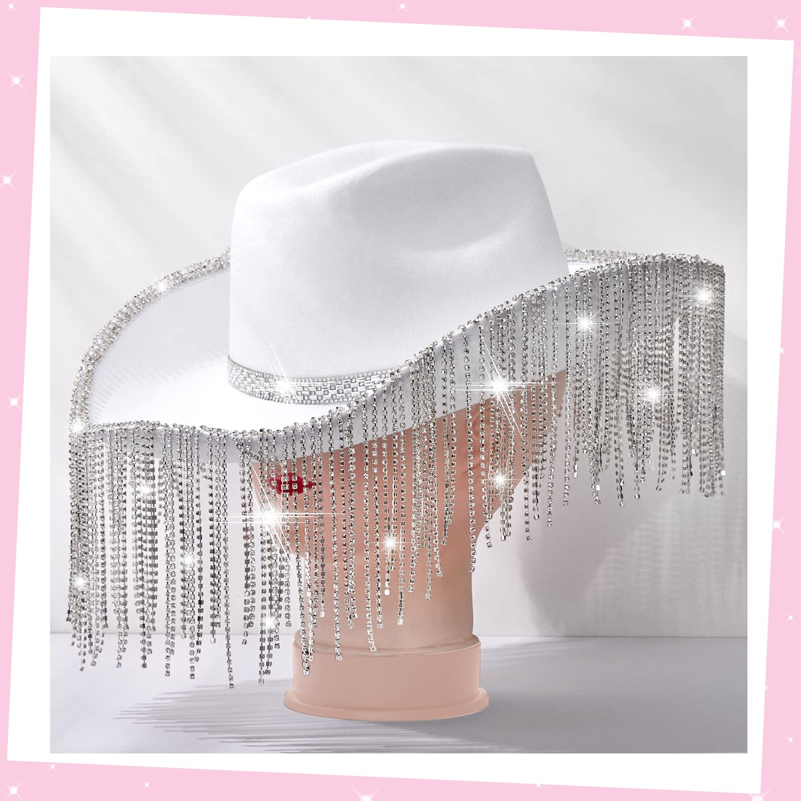 Rhinestone Cowboy Hat Glitter Cowboy Hat With Glasses, Headscarves, Adhesive Rhinestone Letter Patches(White, 1 Pack)