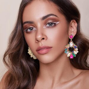 VANGETIMI Fashion Rhinestone Statement Drop Dangle Zinc Earrings Large Colorful Crystal Chandelier Earrings for Women Bridal Wedding Party Prom