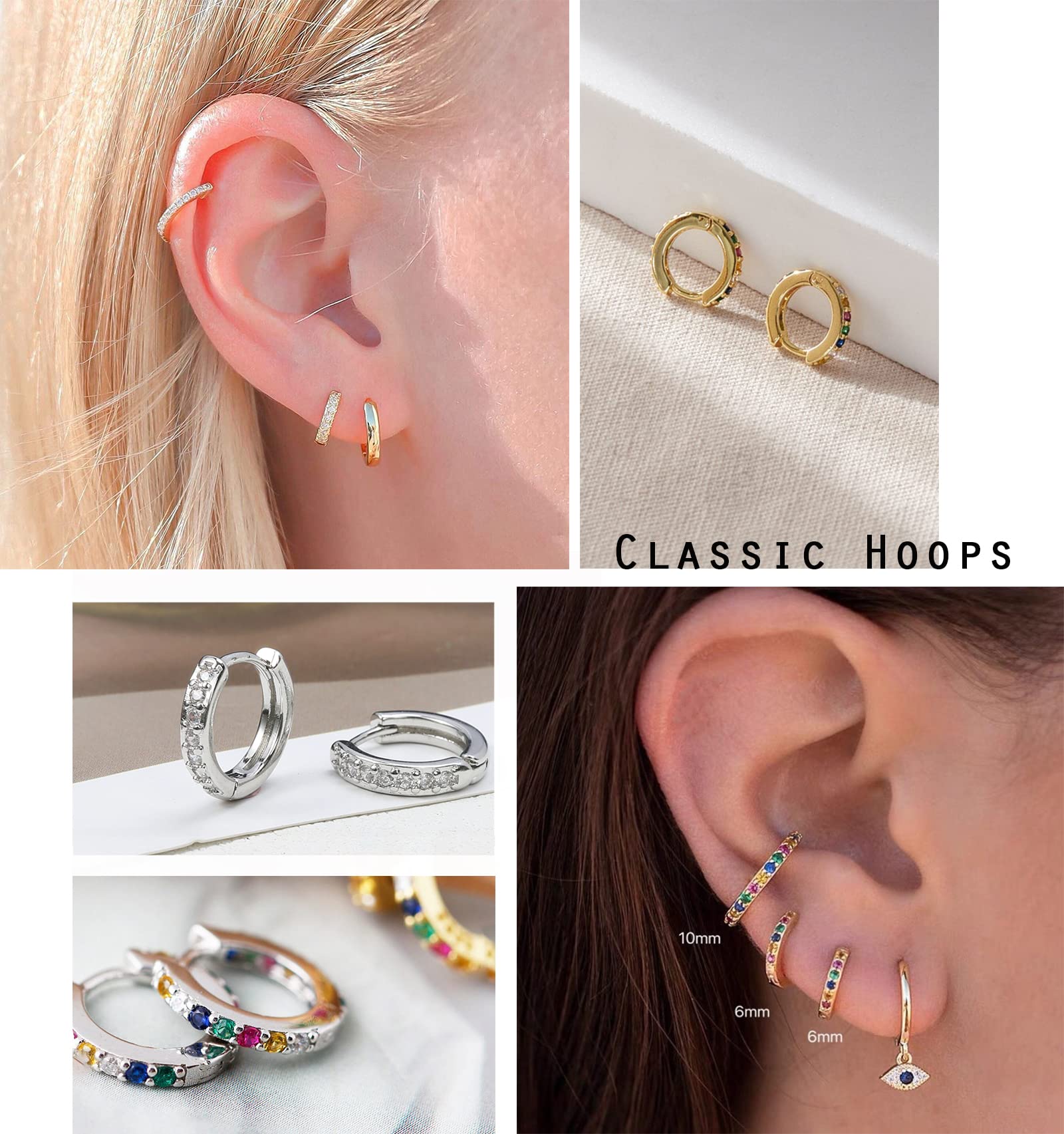 OPFIV 3 Pairs 14K Gold Plated Huggie Hoop Earrings for Women Hypoallergenic Dainty Evil Eye Multi-colors Cubic Zirconia Hoop Earrings Set Lightweight Small Tiny Hoops Jewelry