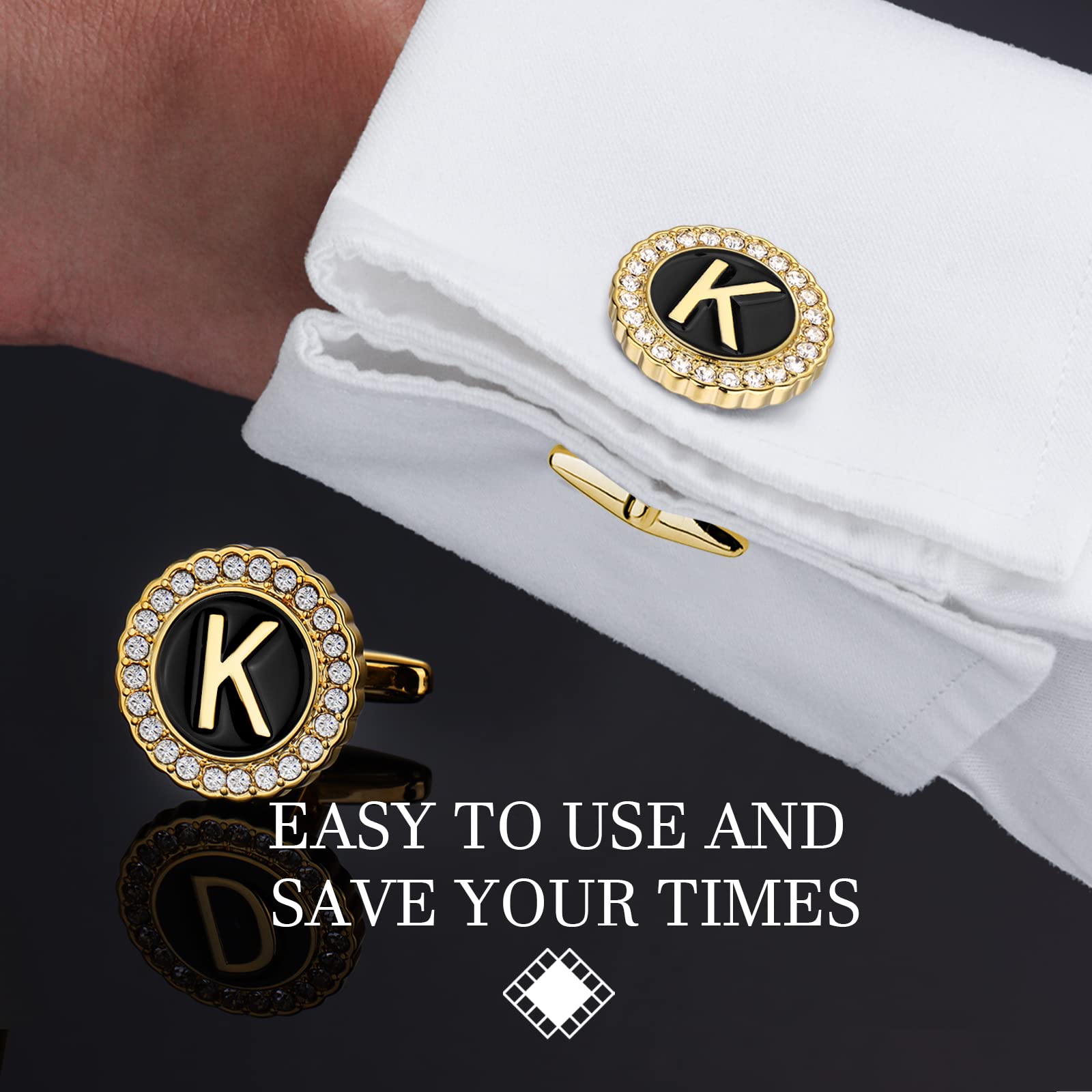 18K Gold Tone Initial Cufflinks for Men With Tuxedo Studs - Gift Boxed, Personalized Men's Jewelry Accessories for Weddings, Birthdays, Anniversaries, Father's Day