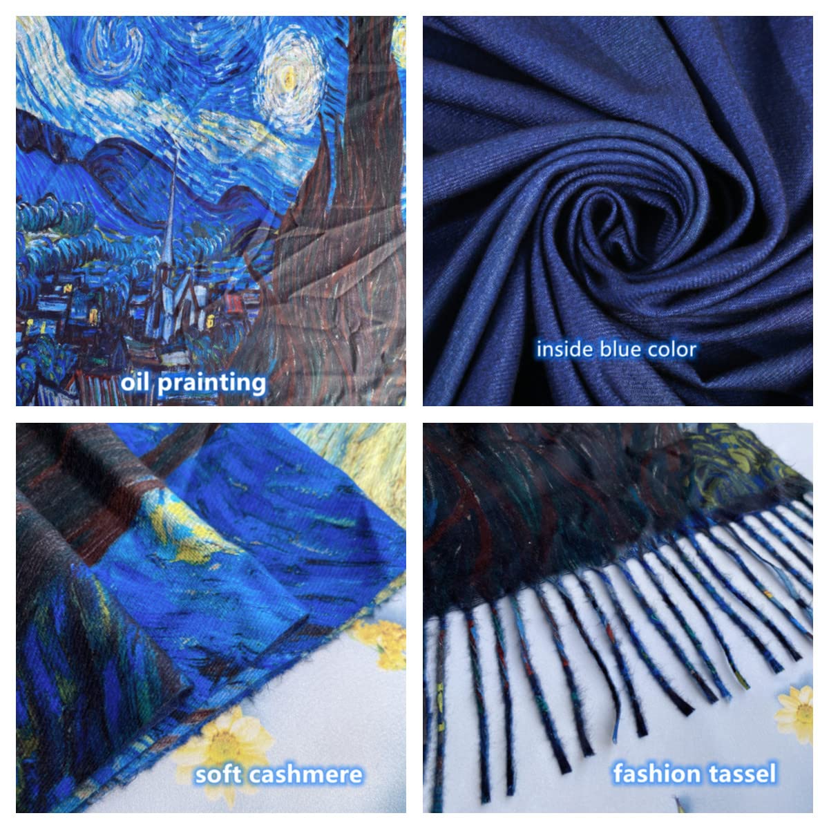 Cutewing Van Gogh Scarf Pashmina Shawl Wraps for Women Blue Cashmere Scarfs Fashion Boho Tassel Scarves Large Blanket Scarf Warm for Fall Winter