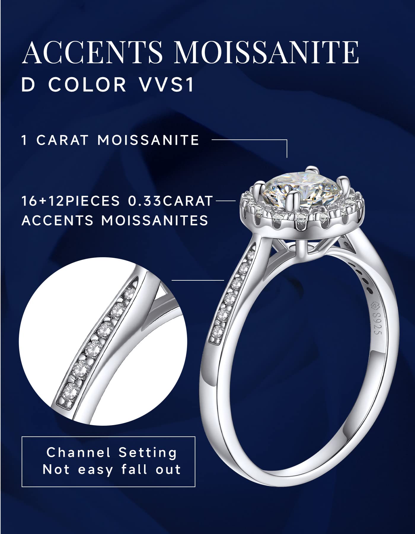 MomentWish Engagement Rings for Women, 1Carat Moissanite Promise Rings, D Color VVS1 Simulated Diamond 925 Sterling Silver Halo Rings-Size7