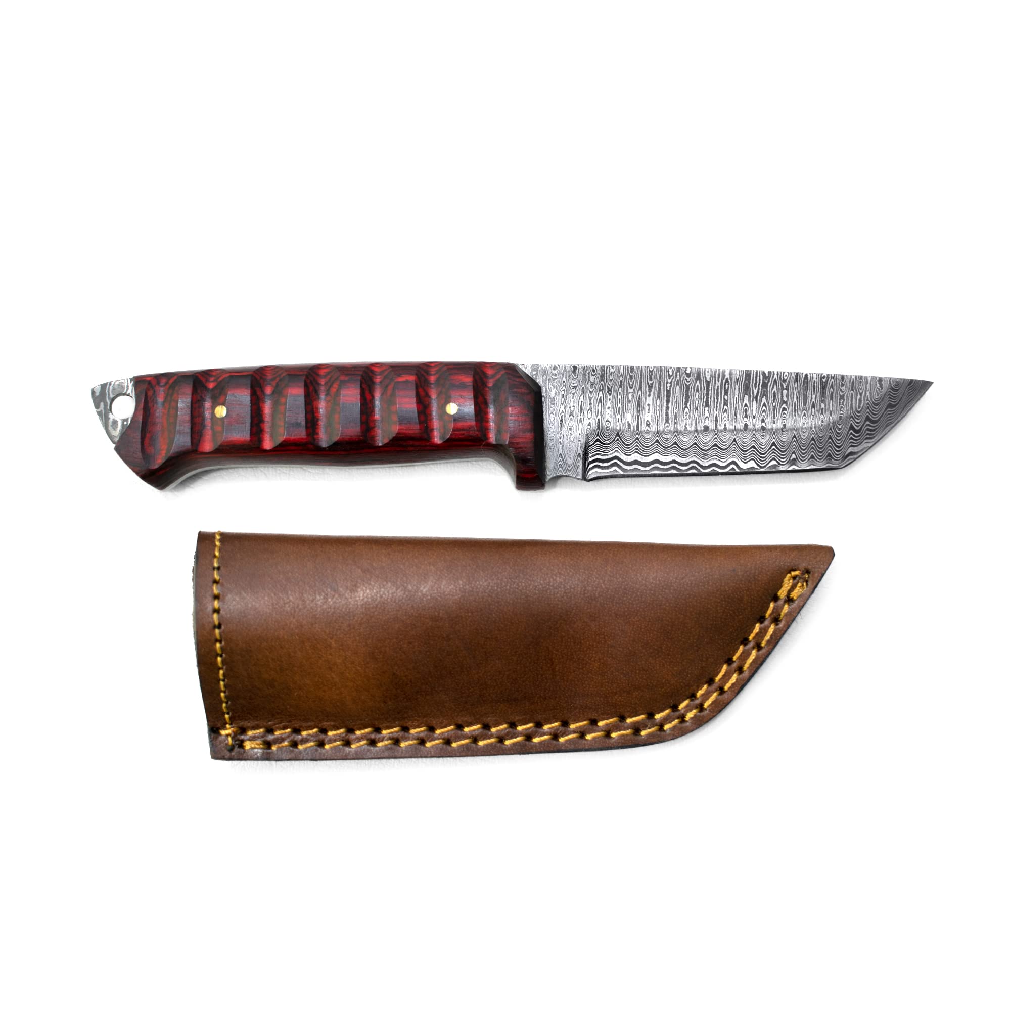 Titan International Knives Diver High & Low Carbon Damascus Steel Hunting Gear Survival Tanto Point EDC Tactical Blade Cherry Wood Handle with Leather Sheath Perfect for Camping Fishing (TD-275)