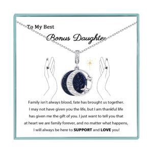 Sereney Bonus Daughter Necklace as Bonus Daughter Gifts from Stepmom for Birthday Gifts, Silver Moon Star Necklace to My Bonus Daughter Jewelry as Step Daughter Gifts from Stepdad