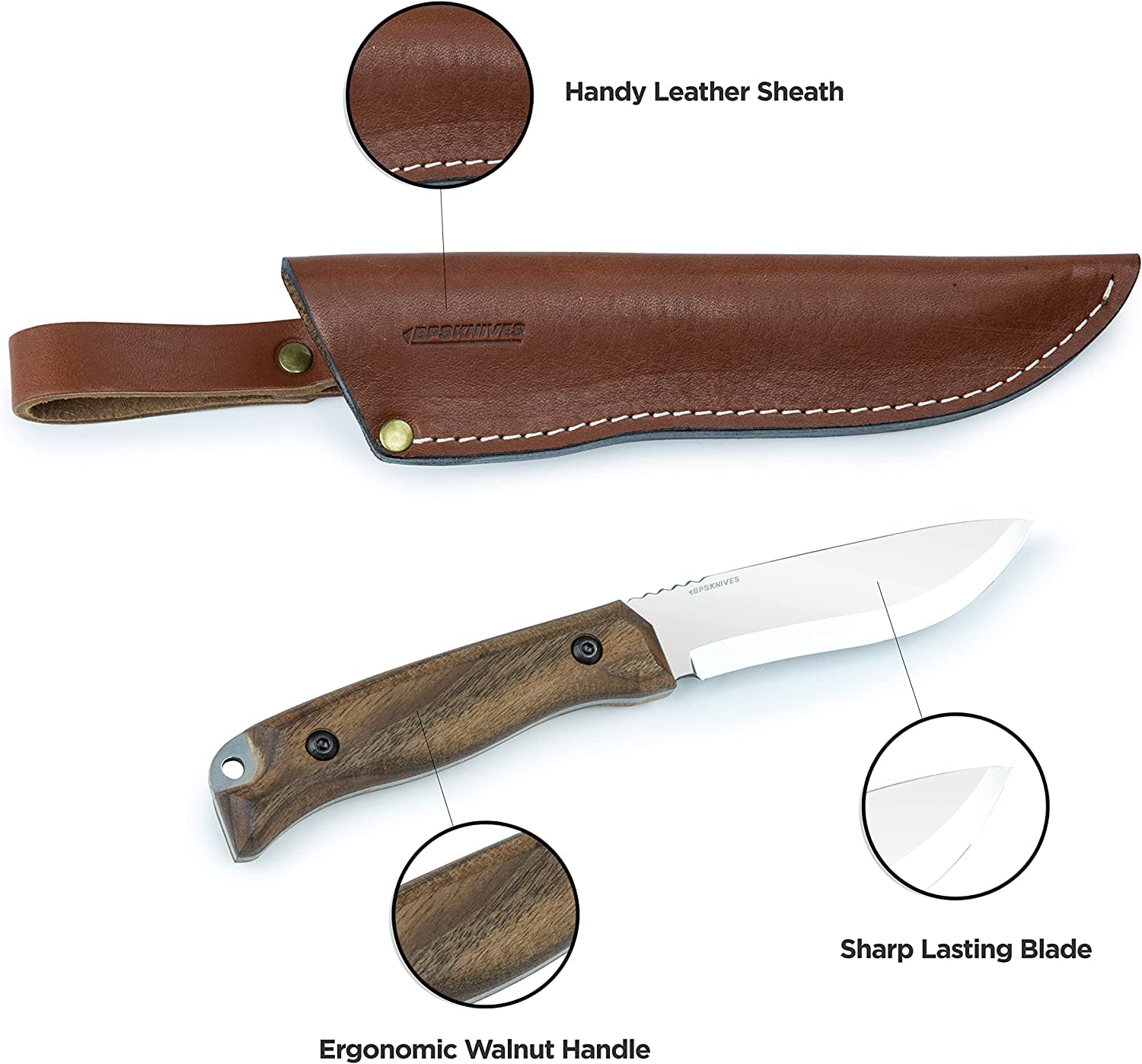 BPS Knives HK1 SSH - Handmade Stainless Steel Knife - Fixed Blade Full Tang Hunting Knife - Camping Bushcraft Knife With Leather Sheath - Outdoor Knives - Survival Camp Knife