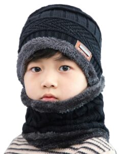 kids winter warm hat circle scarf 2pcs soft warm fleece lining beanie slouchy skull cap for boys girls 5-14 years black