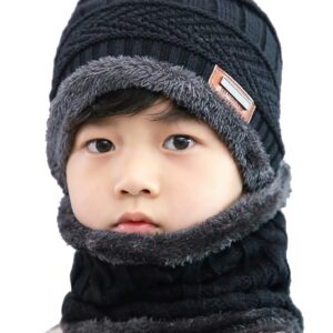 Kids Winter Warm Hat Circle Scarf 2Pcs Soft Warm Fleece Lining Beanie Slouchy Skull Cap for Boys Girls 5-14 Years Black