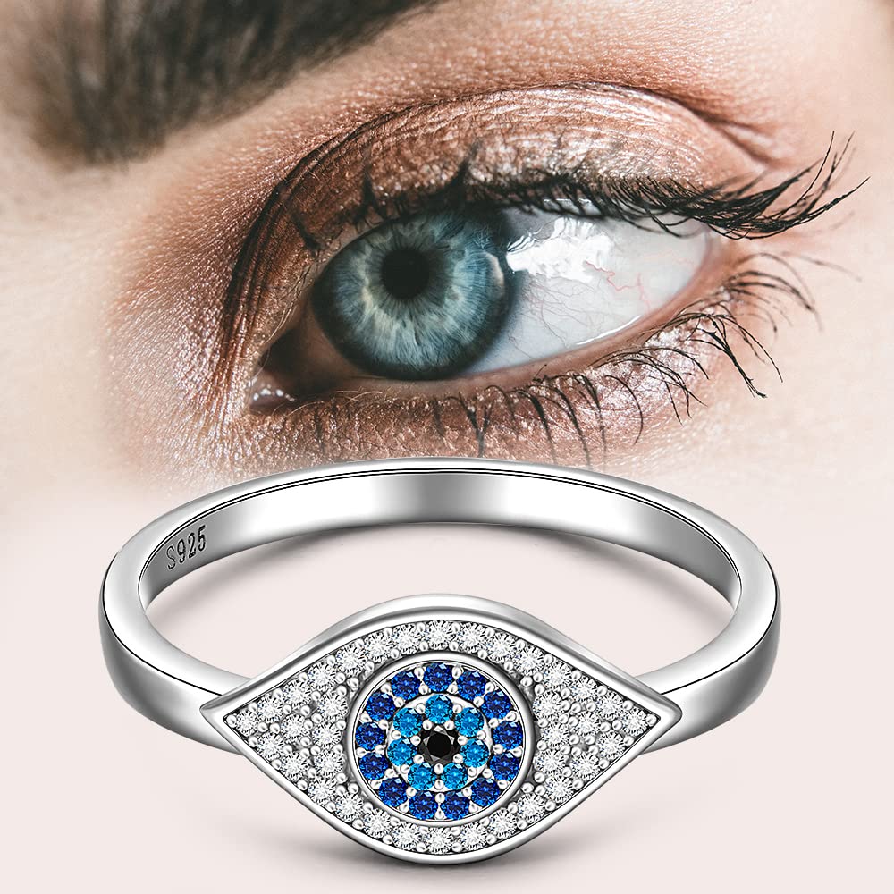 LOVGIFSET Evil Eye Ring Evil Eye Rings for Women Sterling Silver Greek Turkish Blue Eyes Blue Sapphire Protection Mal De Ojo Greek Nazar Amulet Jewelry Size 7