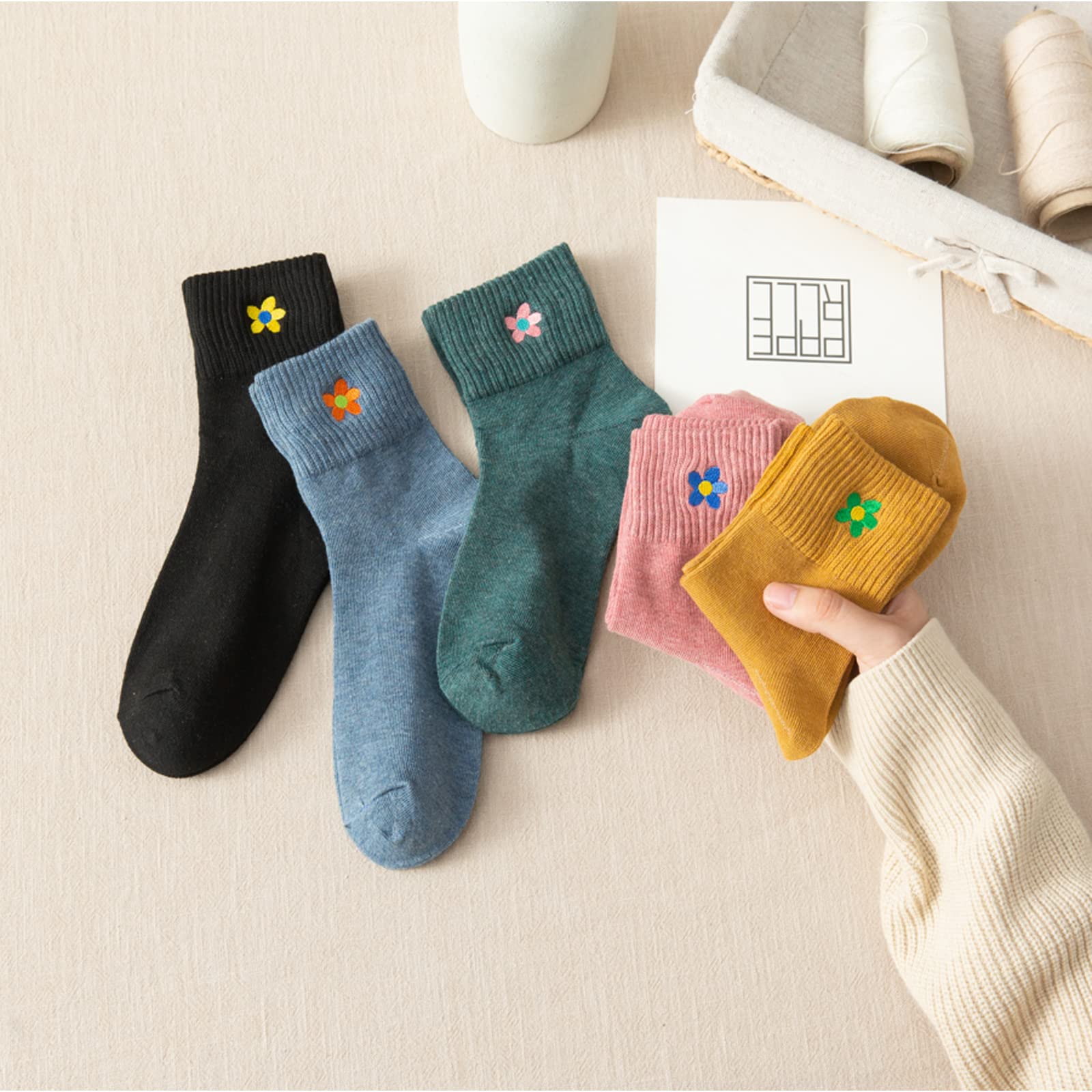 5 Pairs Crew Socks Cute Flower Embroidery Ankle Socks Gifts for Womens Teens Socks (five colors-A)