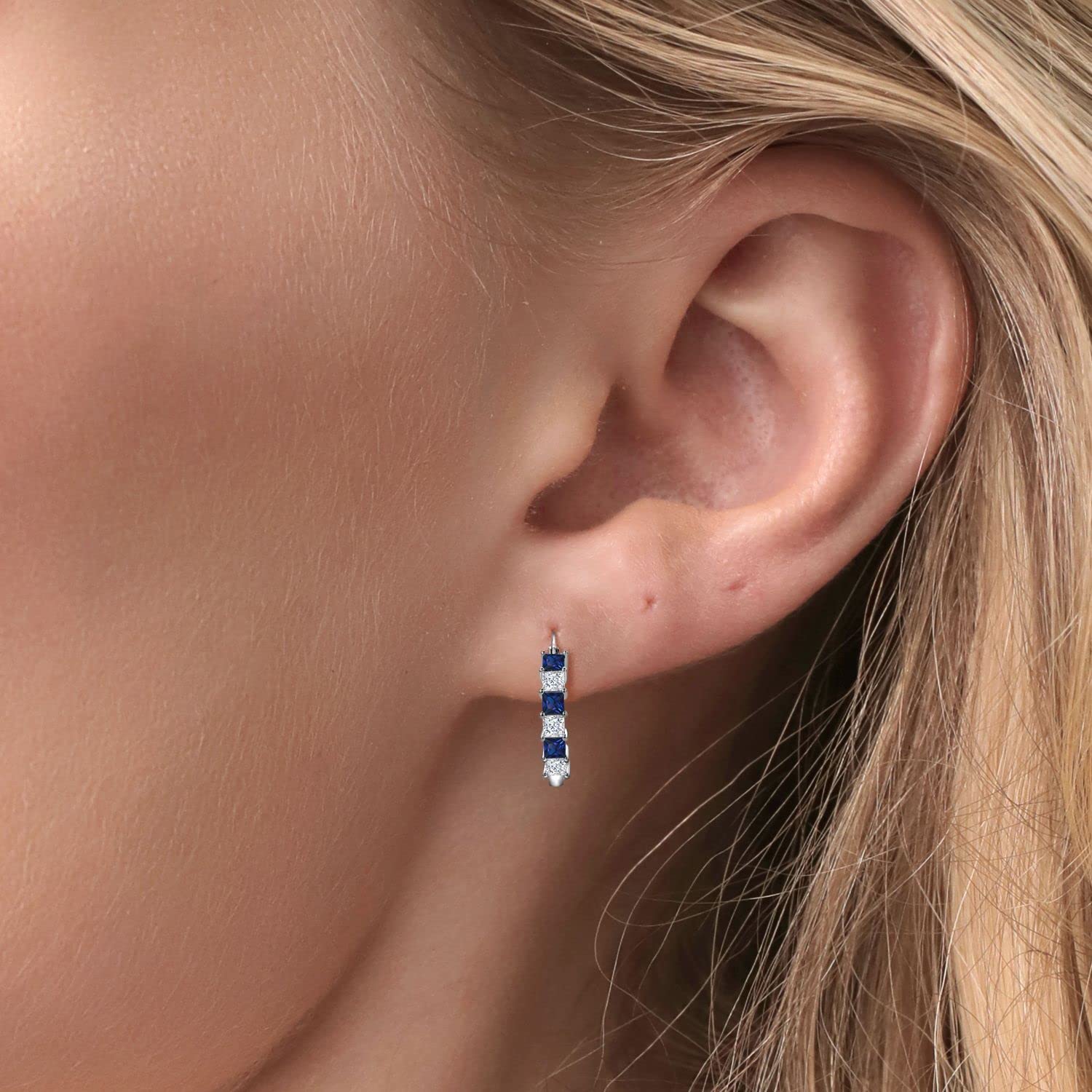 Gem Stone King 925 Sterling Silver Blue Created Sapphire and White Moissanite Hoop Earrings for Women | 1.56 Cttw | 3MM Princess Cut | 20MM