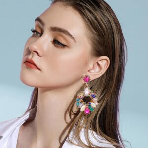 VANGETIMI Fashion Rhinestone Statement Drop Dangle Zinc Earrings Large Colorful Crystal Chandelier Earrings for Women Bridal Wedding Party Prom