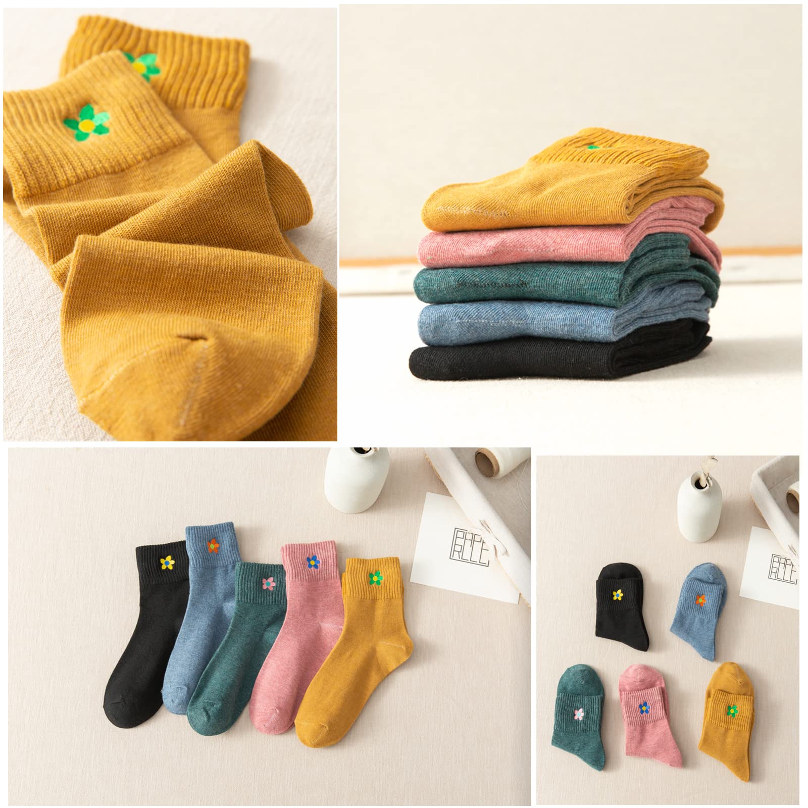 5 Pairs Crew Socks Cute Flower Embroidery Ankle Socks Gifts for Womens Teens Socks (five colors-A)