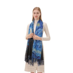 Cutewing Van Gogh Scarf Pashmina Shawl Wraps for Women Blue Cashmere Scarfs Fashion Boho Tassel Scarves Large Blanket Scarf Warm for Fall Winter