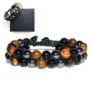 Mlooog Triple Protection Bracelet Energy Obsidian Men's beaded bracelet-tiger's eye lady's double-layered hand protection bracelet brings good luck and wealth