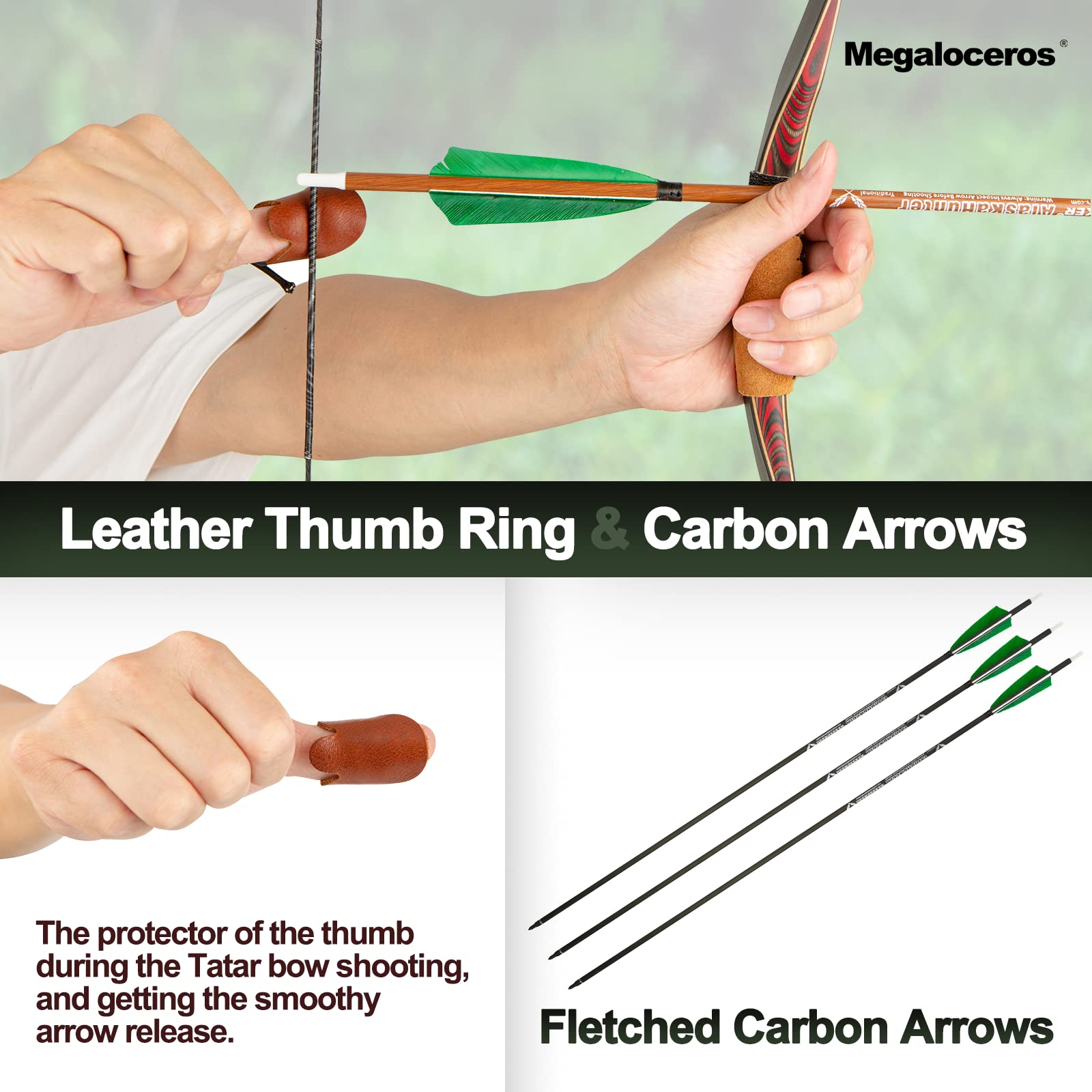 Megaloceros Archery 52" Recurve Bow Handmade Laminated Longbow Traditional Bow and Arrows Ambidextrous Horsebows Set for Hunting Target Shooting 30lbs