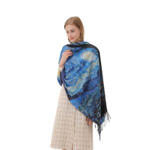 Cutewing Van Gogh Scarf Pashmina Shawl Wraps for Women Blue Cashmere Scarfs Fashion Boho Tassel Scarves Large Blanket Scarf Warm for Fall Winter