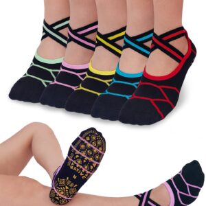 RATIVE X-Cross Anti Slip Non Skid Barre Yoga Pilates Hospital Socks with grips for Adults Men Women (Large, 5-pairs/Line)