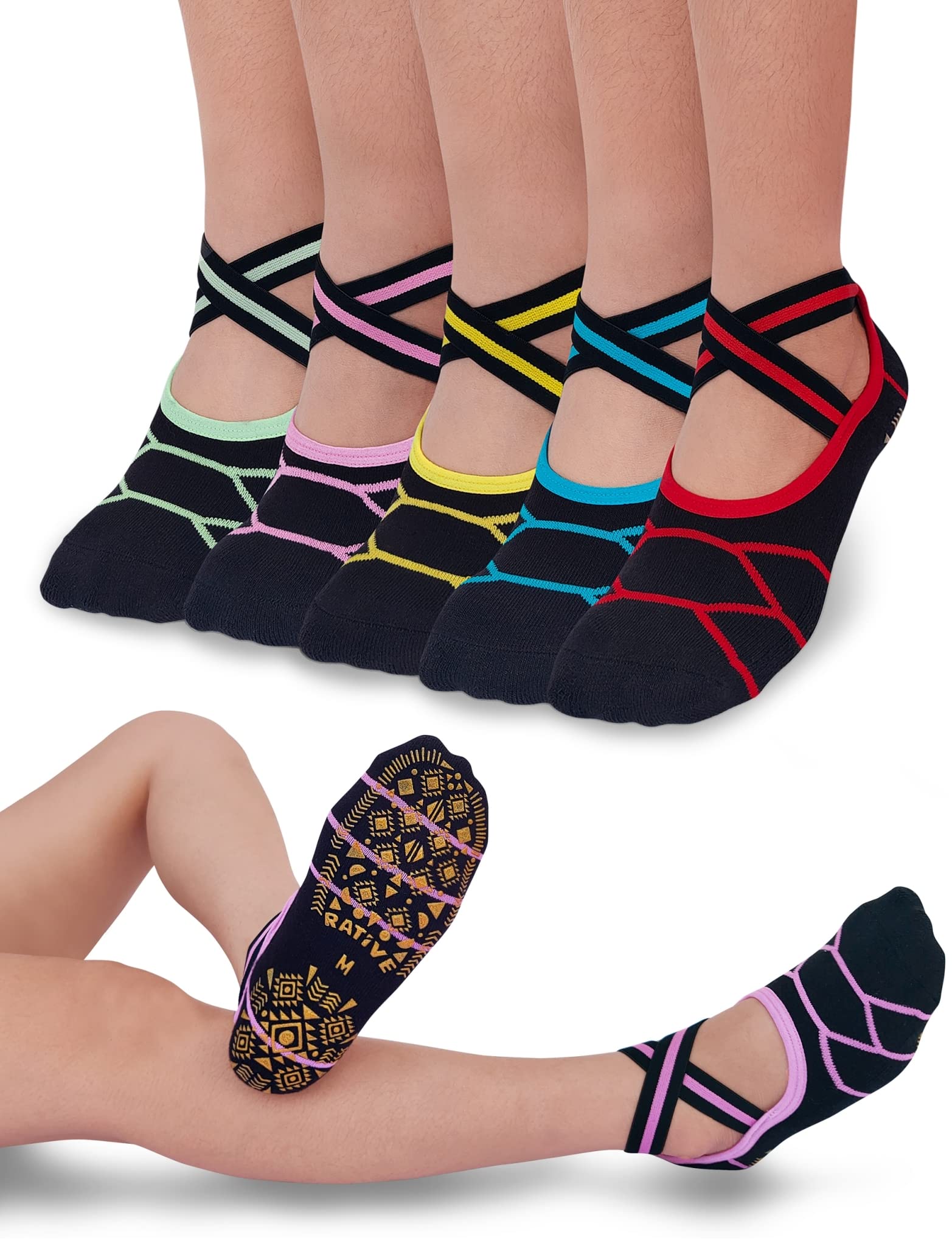 RATIVE X-Cross Anti Slip Non Skid Barre Yoga Pilates Hospital Socks with grips for Adults Men Women (Large, 5-pairs/Line)