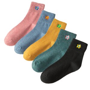 5 Pairs Crew Socks Cute Flower Embroidery Ankle Socks Gifts for Womens Teens Socks (five colors-A)