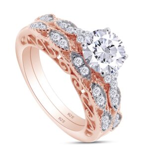 savearth diamonds 1.5ct center 7.5mm g-h-i color round cut vintage/antique lab created moissanite engagement ring bridal set in 14k rose gold over sterling silver for women size-5