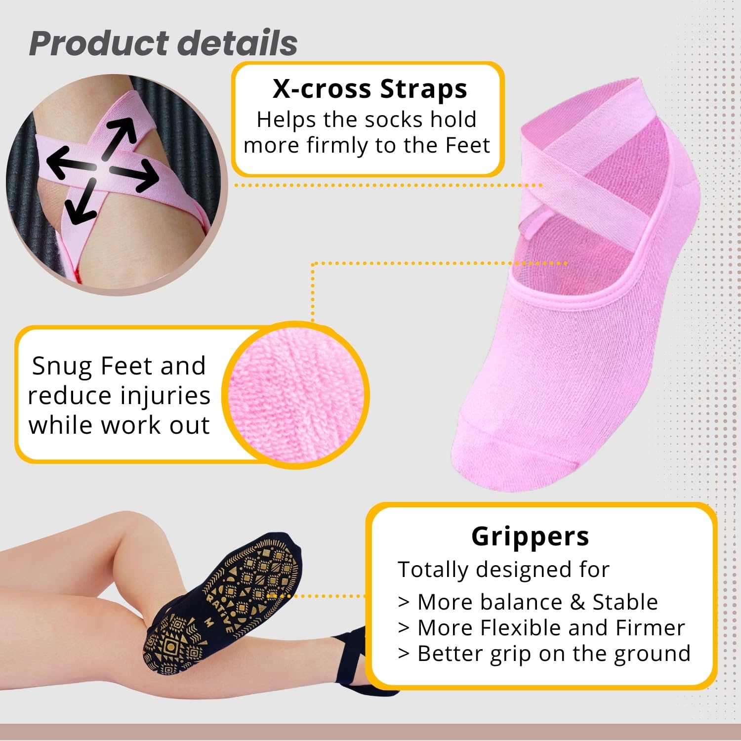 RATIVE X-Cross Anti Slip Non Skid Barre Yoga Pilates Hospital Socks with grips for Adults Men Women (Small, 5-pairs/Line)