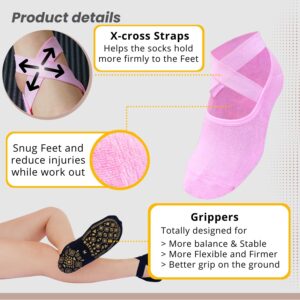 RATIVE X-Cross Anti Slip Non Skid Barre Yoga Pilates Hospital Socks with grips for Adults Men Women (Large, 5-pairs/Line)