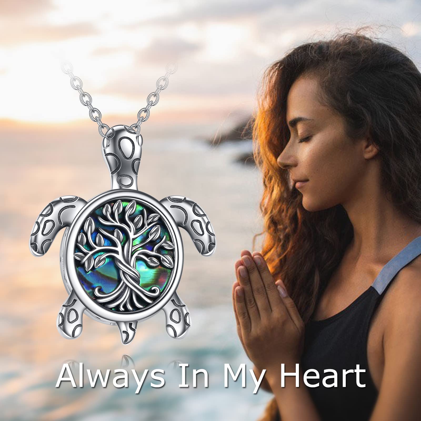 YFN Sea Turtle Urn Necklace for Ashes with Abalone Sterling Silver Tree of Life Turtle Cremation Necklace Jewelry Gifts for Women Girls