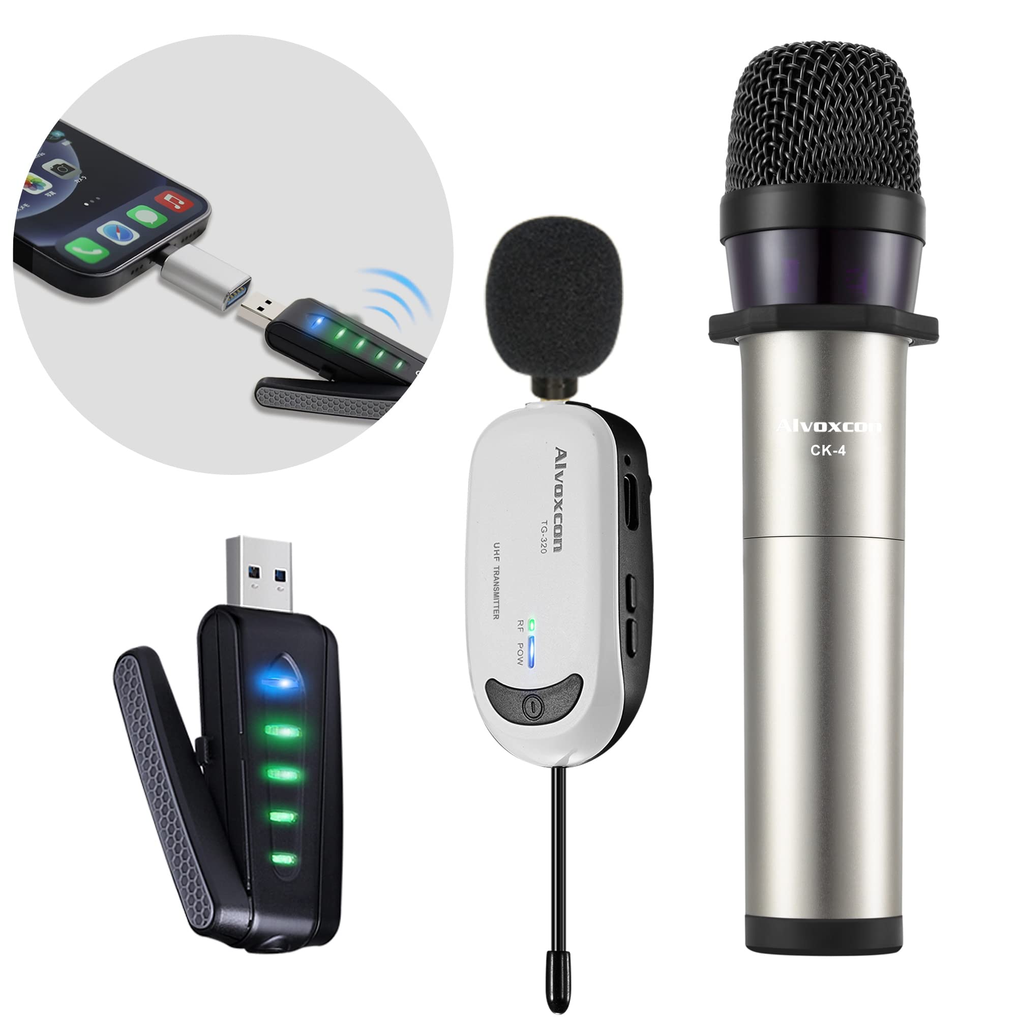 Alvoxcon Wireless USB Microphone for iPhone & Computer, Rechargeable Handheld & Lapel Mic System for MacBook, PC Laptop, Zoom Meeting, Classroom Teaching, Teacher Podcast, vlog