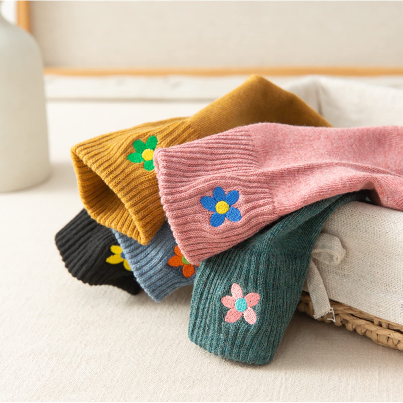 5 Pairs Crew Socks Cute Flower Embroidery Ankle Socks Gifts for Womens Teens Socks (five colors-A)