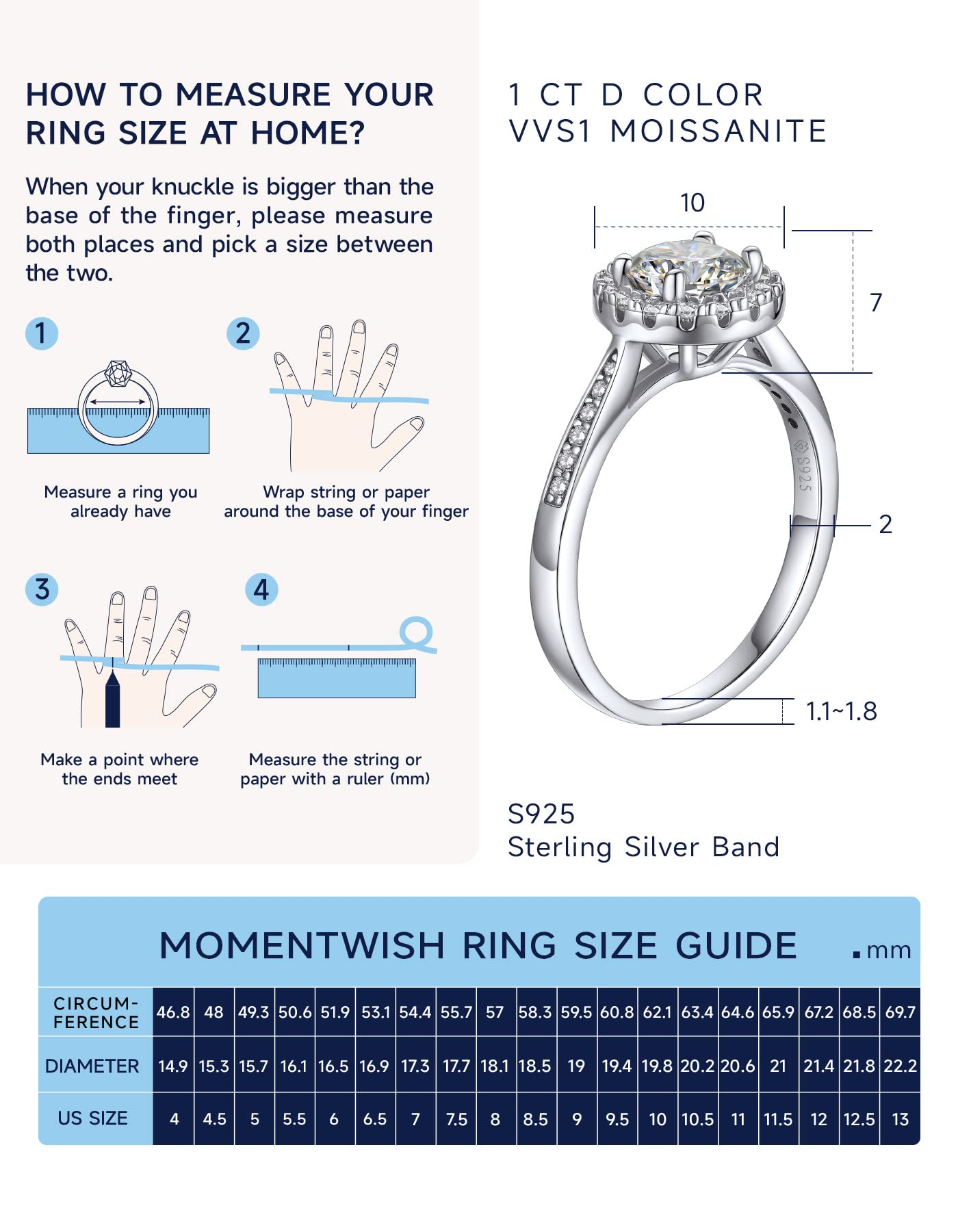 MomentWish Engagement Rings for Women, 1Carat Moissanite Promise Rings, D Color VVS1 Simulated Diamond 925 Sterling Silver Halo Rings-Size7