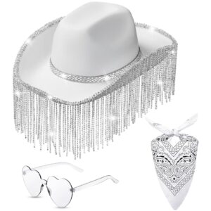 rhinestone cowboy hat glitter cowboy hat with glasses, headscarves, adhesive rhinestone letter patches(white, 1 pack)