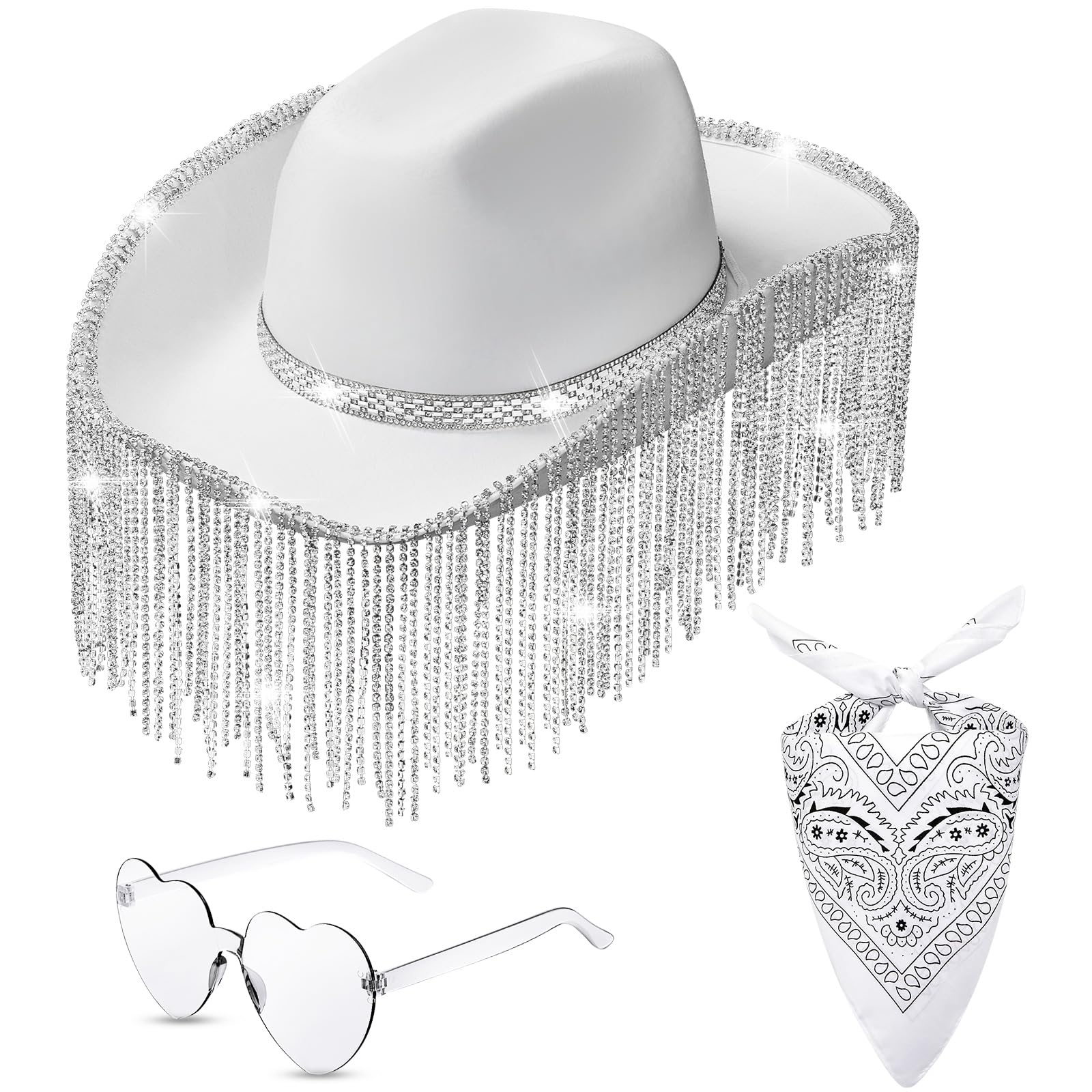 Rhinestone Cowboy Hat Glitter Cowboy Hat With Glasses, Headscarves, Adhesive Rhinestone Letter Patches(White, 1 Pack)