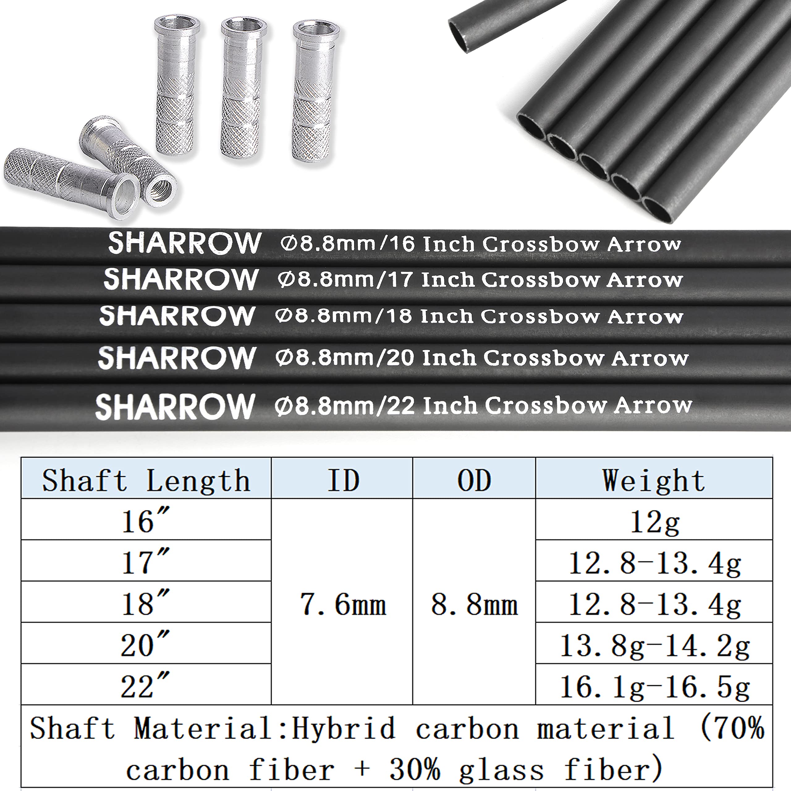 limaity Crossbow Arrow Shafts Carbon Arrow Shaft Bolts Short Bare Arrow Shaft 16 17 18 20 22 Inch DIY Hunting Archery with Aluminium Insert (22inch, Black)