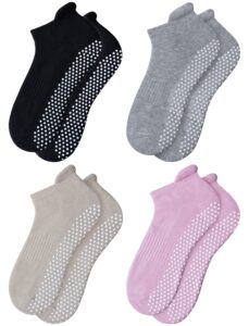 rative anti slip non skid barre yoga pilates hospital ankle socks with grips for adults men women (large, 4-pairs/black+beige+grey+pink)