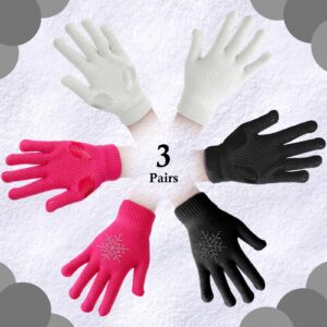 Jiuguva 3 Pairs Ice Skating Gloves Figure Skating Accessories Gloves with Snowflake Rhinestone Knit Gloves for Kid Girl (Black, White, Pink)