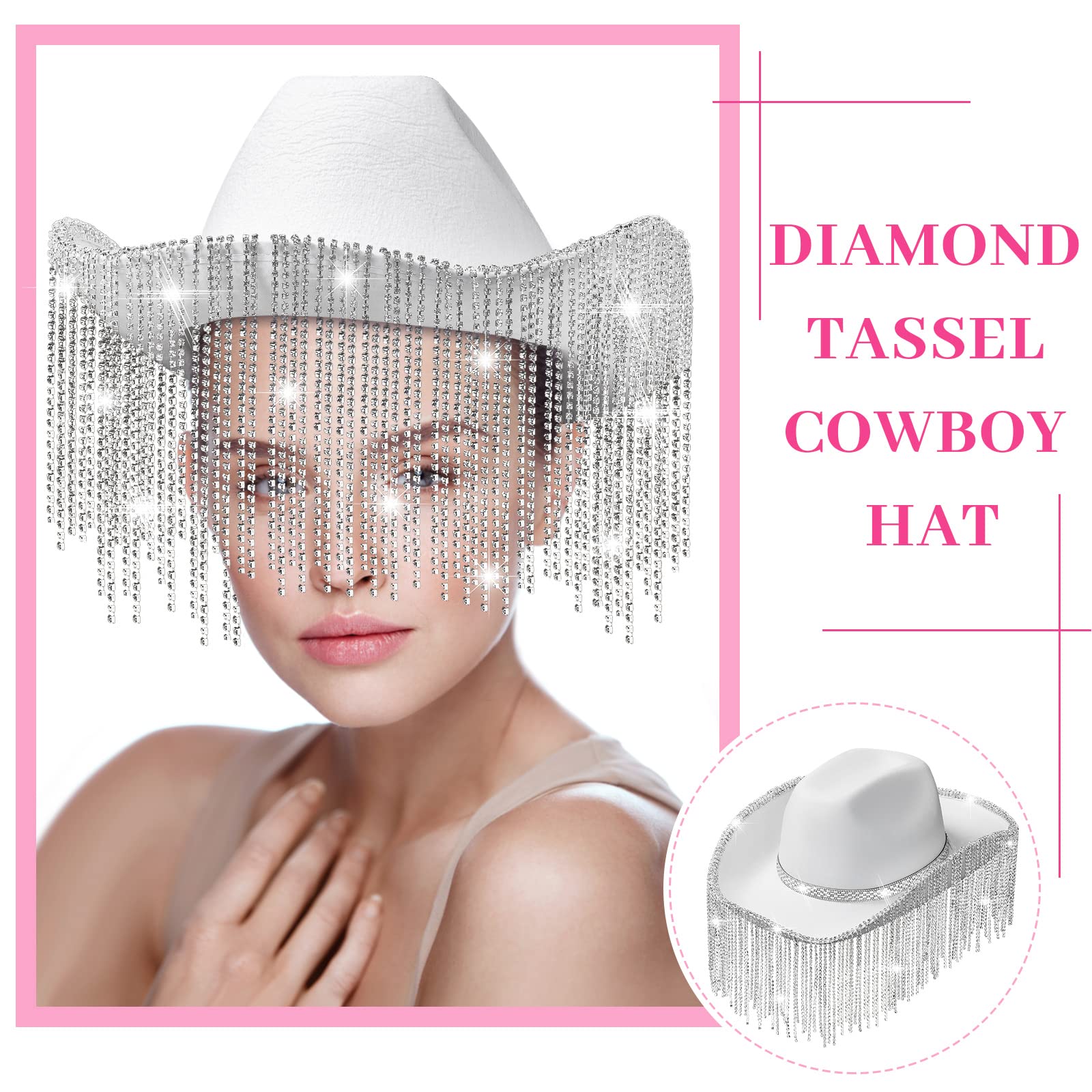 Rhinestone Cowboy Hat Glitter Cowboy Hat With Glasses, Headscarves, Adhesive Rhinestone Letter Patches(White, 1 Pack)