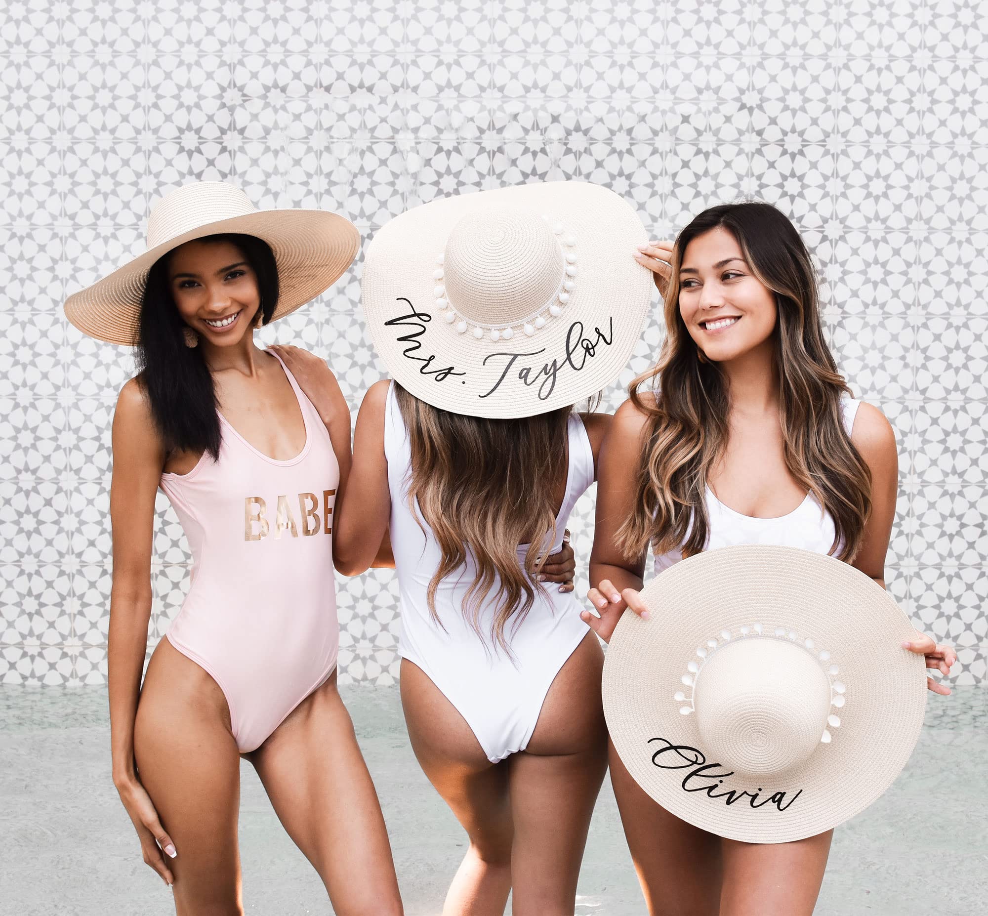 Personalized Beach Hat | Custom Tan Hat with White Poms | Women’s Floppy Hat | Mrs Honeymoon Foldable Sun Hat for Bride