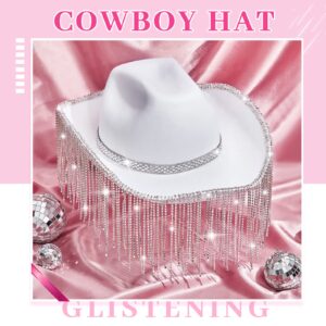 Rhinestone Cowboy Hat Glitter Cowboy Hat With Glasses, Headscarves, Adhesive Rhinestone Letter Patches(White, 1 Pack)