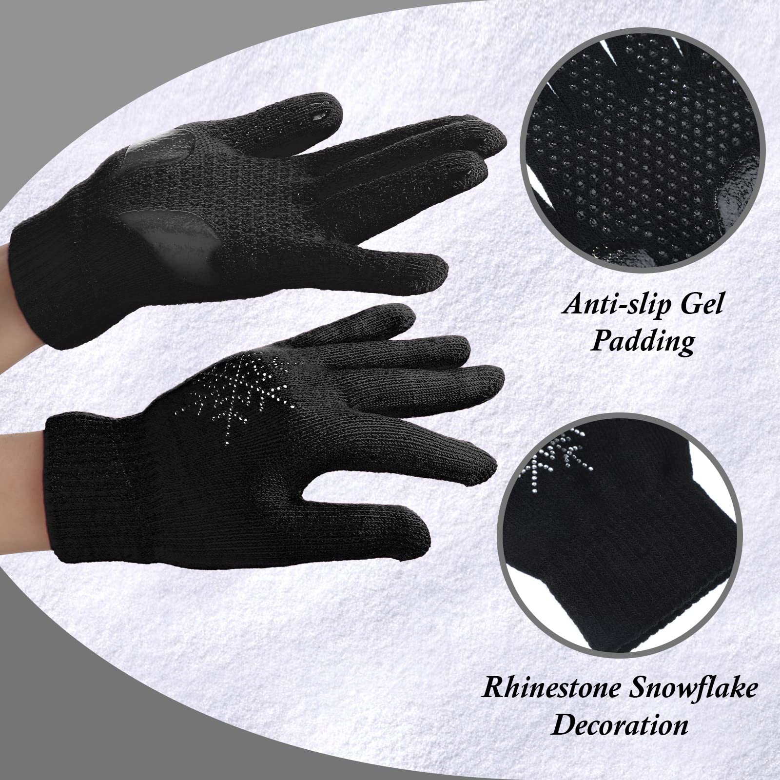 Jiuguva 3 Pairs Ice Skating Gloves Figure Skating Accessories Gloves with Snowflake Rhinestone Knit Gloves for Kid Girl (Black, White, Pink)