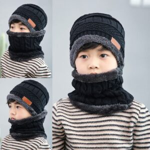 Kids Winter Warm Hat Circle Scarf 2Pcs Soft Warm Fleece Lining Beanie Slouchy Skull Cap for Boys Girls 5-14 Years Black