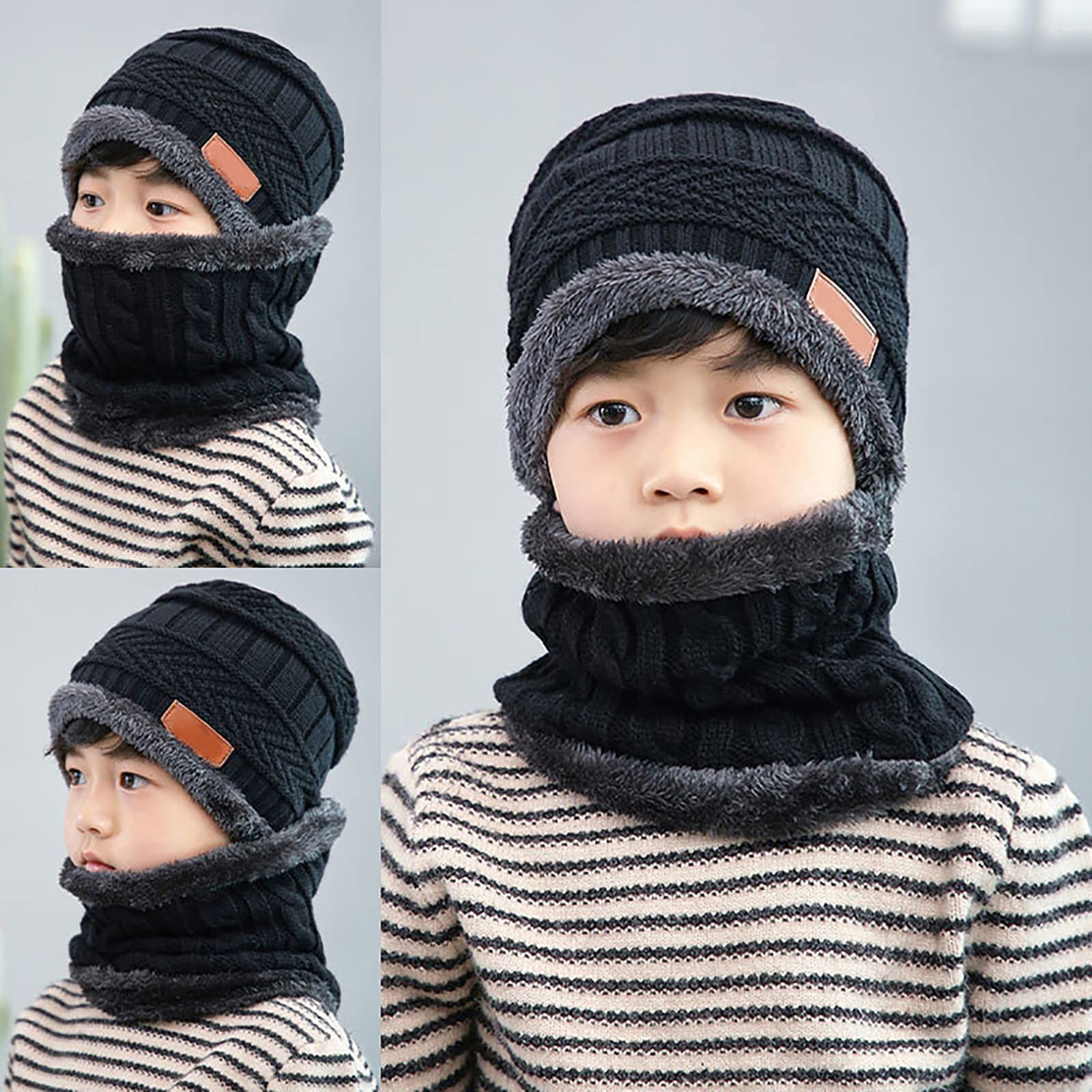 Kids Winter Warm Hat Circle Scarf 2Pcs Soft Warm Fleece Lining Beanie Slouchy Skull Cap for Boys Girls 5-14 Years Black