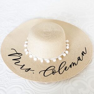 Personalized Beach Hat | Custom Tan Hat with White Poms | Women’s Floppy Hat | Mrs Honeymoon Foldable Sun Hat for Bride