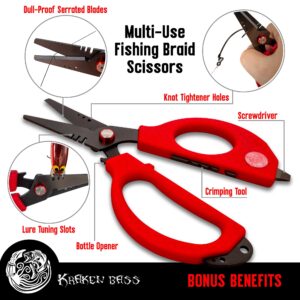 Kraken Bass Fishing Scissors - Fits Big Hands or Gloves for Cutting Braided Fishing Line & Modifying Baits Rust Proof