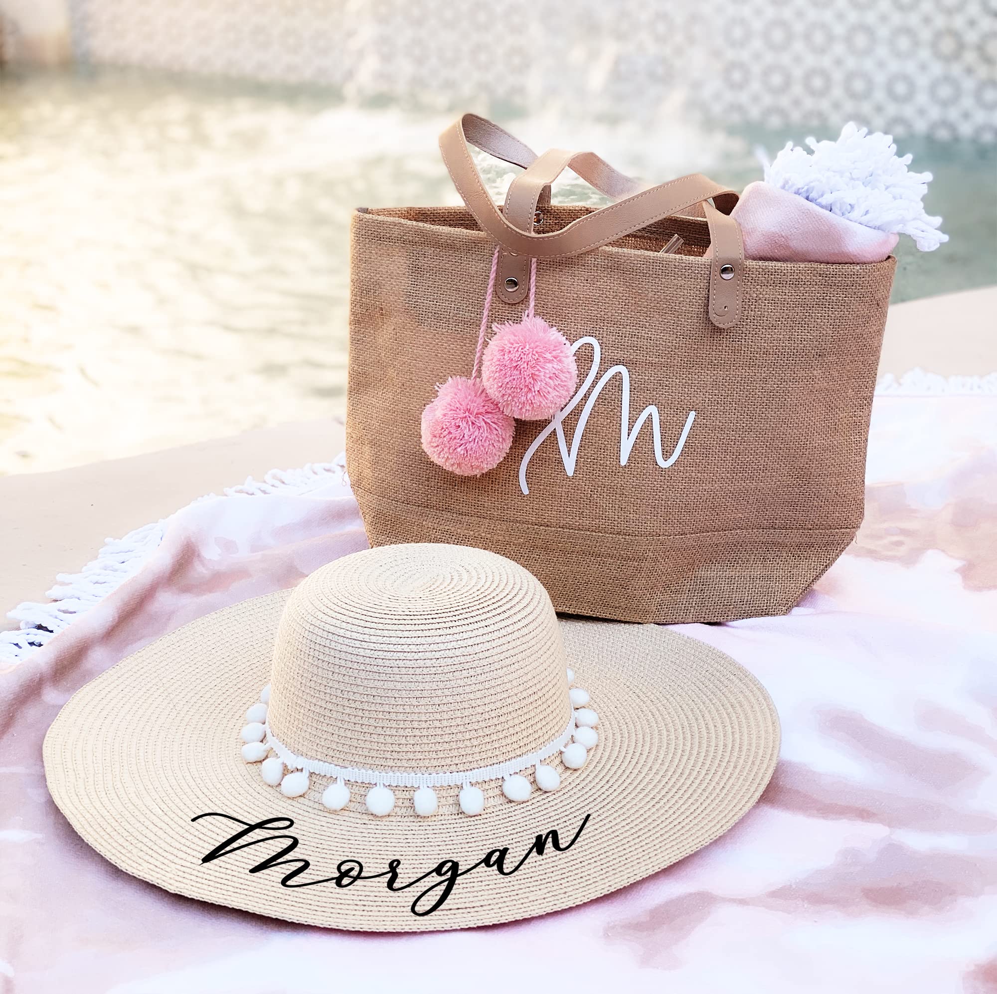 Personalized Beach Hat | Custom Tan Hat with White Poms | Women’s Floppy Hat | Mrs Honeymoon Foldable Sun Hat for Bride