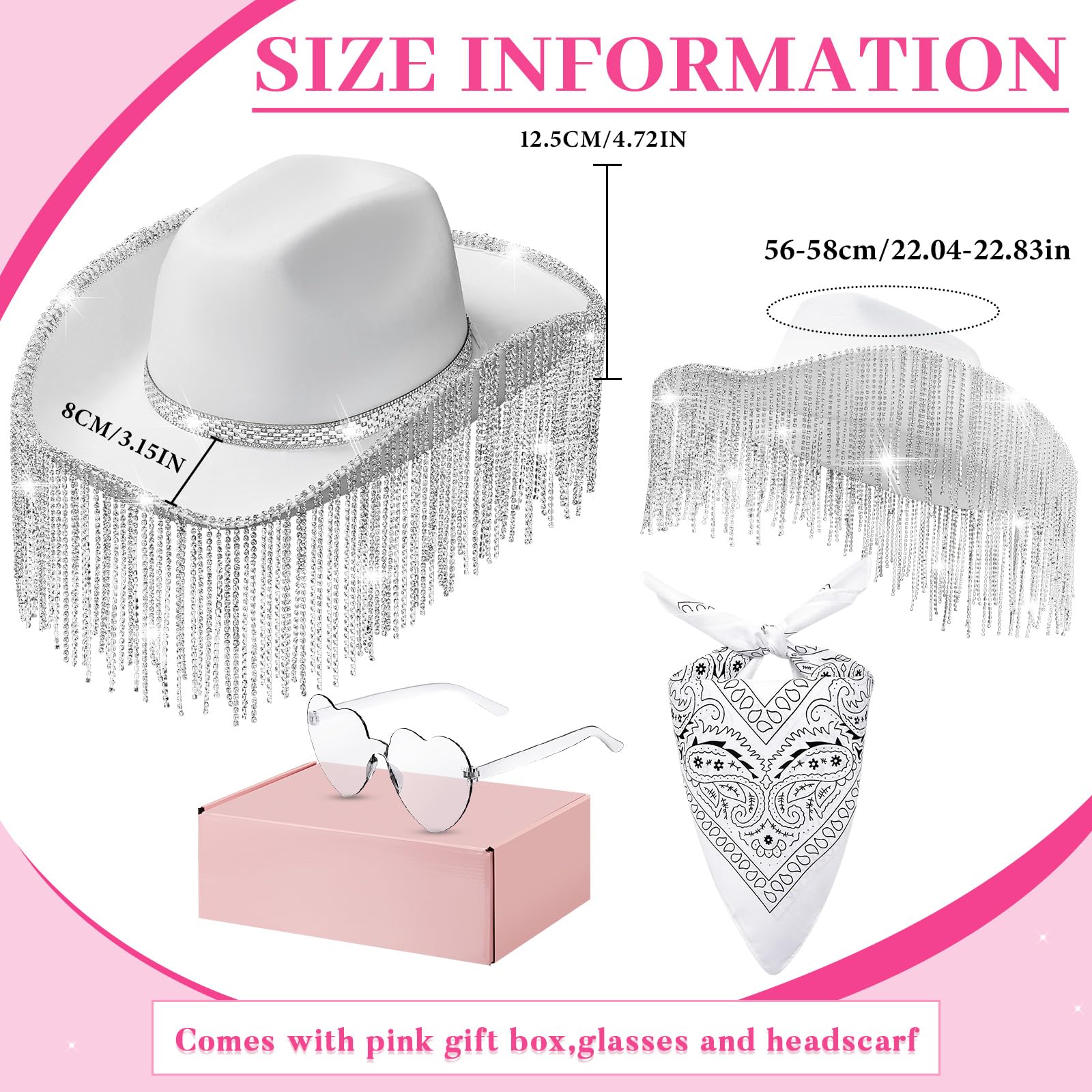 Rhinestone Cowboy Hat Glitter Cowboy Hat With Glasses, Headscarves, Adhesive Rhinestone Letter Patches(White, 1 Pack)