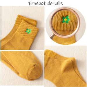 5 Pairs Crew Socks Cute Flower Embroidery Ankle Socks Gifts for Womens Teens Socks (five colors-A)