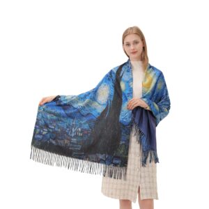 Cutewing Van Gogh Scarf Pashmina Shawl Wraps for Women Blue Cashmere Scarfs Fashion Boho Tassel Scarves Large Blanket Scarf Warm for Fall Winter