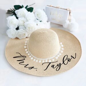 Personalized Beach Hat | Custom Tan Hat with White Poms | Women’s Floppy Hat | Mrs Honeymoon Foldable Sun Hat for Bride